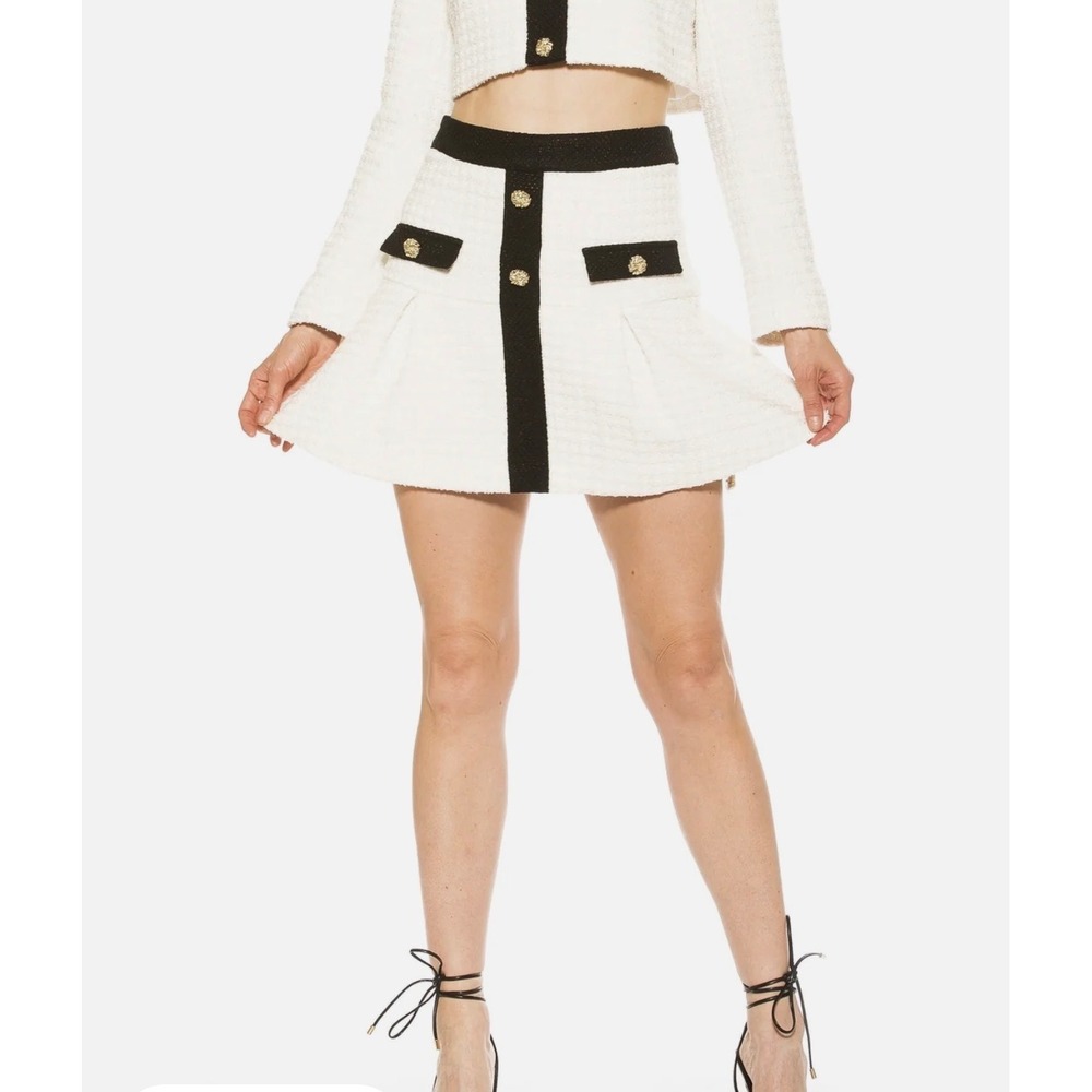 Alexia Admor Womens Tweed Mini Skirt White Black Gold Button A-Line Size 12 NWT